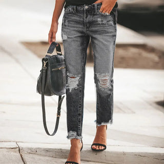 👖 Damskie jeansy vintage z przetarciami i dziurami