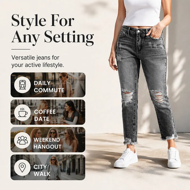 👖 Damskie jeansy vintage z przetarciami i dziurami