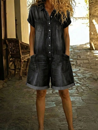 Jenna - Casual Cotton Denim Jumpsuit Shorts